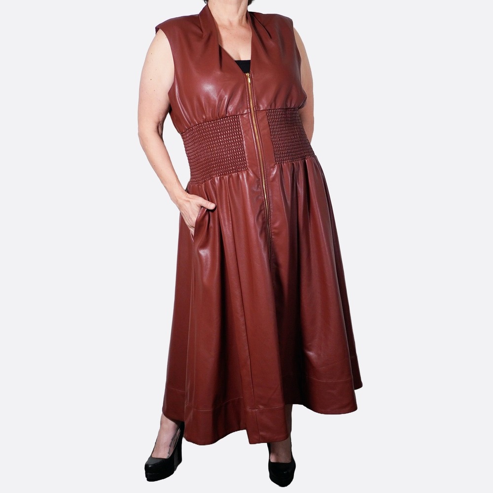Anthropologie Dark‎ Argan Faux Leather Matrix Tommie Smocked Zip Midi Dress 2X
